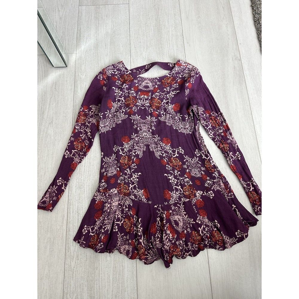 Free People Smooth Talker Tunic Size XS Top Mini Dress Floral Boho Purple Ruffle